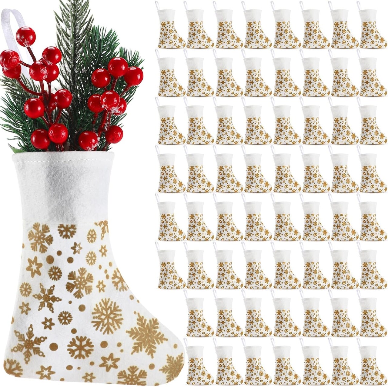 60 Pcs Mini Christmas Stockings Bulk Snowflake Stockings Christmas Hanging Felt Stockings for Fireplace Knife Spoon Fork Holders Family Holiday Xmas Party(Off White)